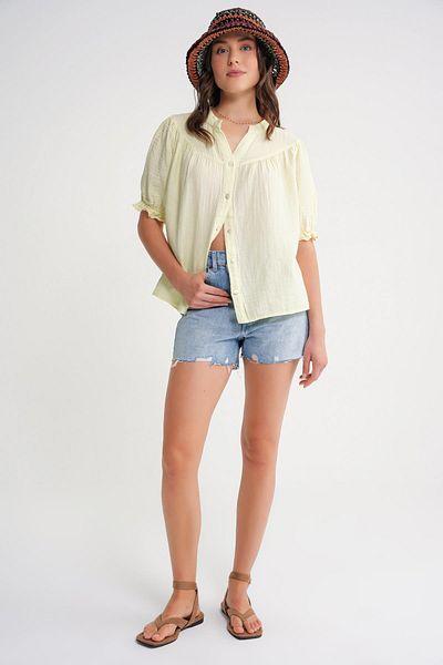 Mixray 4725 Women's Drawstring Sleeve Ruffled Muslin Shirt Pastel Yellow