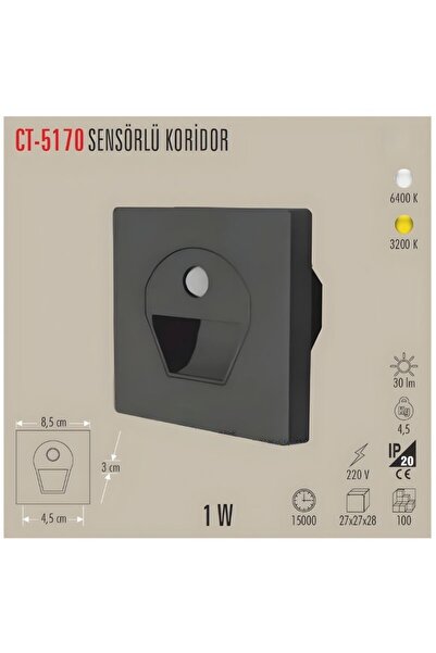 Cata 1W Sensörlü Ledli Koridor Armatürü Siyah Kasa (Beyaz) Cat CT-5170SB