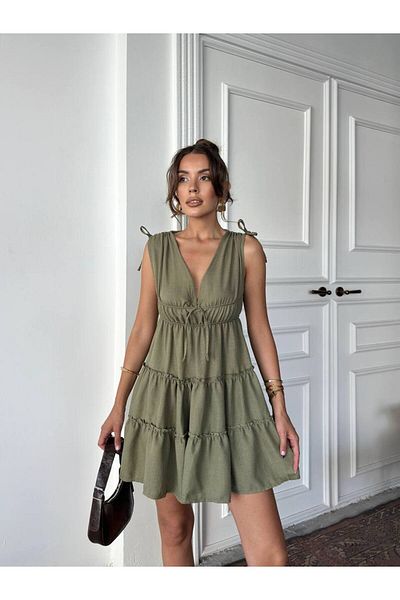 ÇEÇİM Women's Lace-Up V-Neck Layered Flounced Mini Dress Hyn-58067
