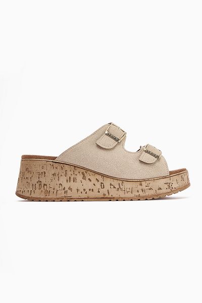 Limoya Samina Beige Suede Double Striped Wedge Heeled Women's Slippers