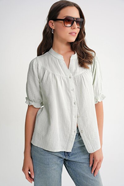 Mixray 4725 Women's Gathered Sleeve Ruffled Muslin Shirt Sage