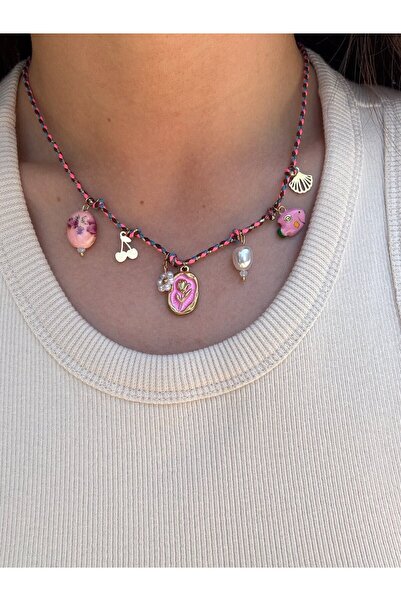 Jerie Pink Flower Steel Accessory Rope Necklace