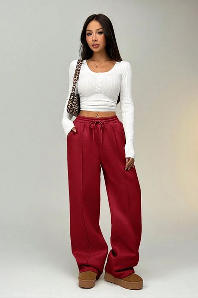 COOL TARZ Women's Red Ribbed 2 Thread Wide Leg Sweatpants