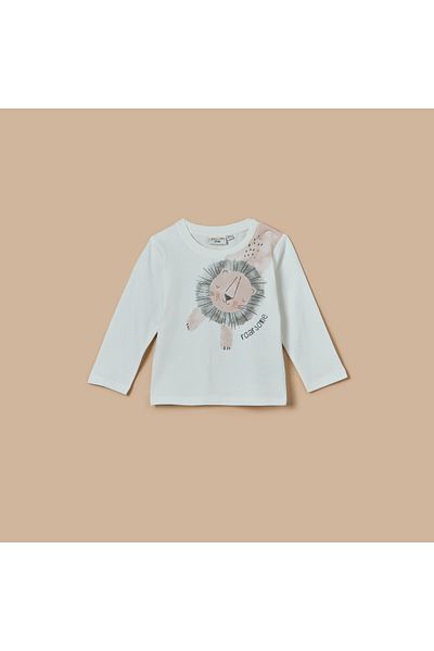 Juniors Lion Print T-shirt with Crew Neck and Long Sleeves