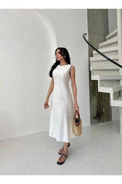 Serica Moda Ecru Crew Neck Midi Sleeveless Midi Dress