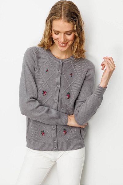 Desen Triko Women's Crew Neck Front Diamond Embroidery Embroidered Cardigan Smoked