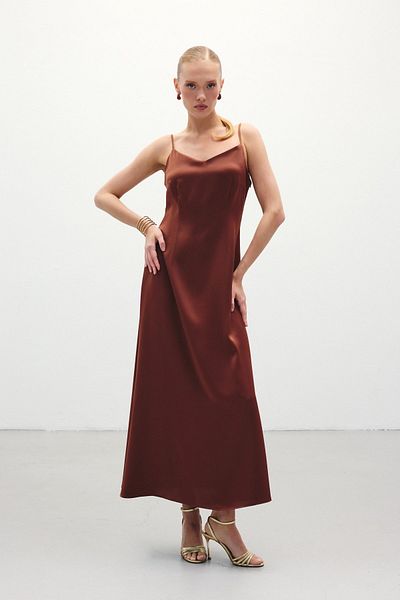 Sateen Long Satin Dress with Straps - Brown