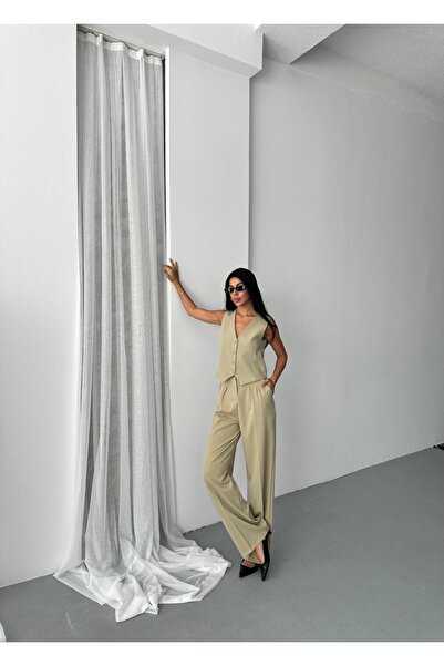 aytenli Double Fabric Bow Button Lined Vest Front Pleated Pocket Half Elastic Waist Wide Pants Suit