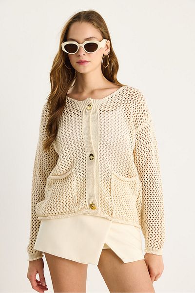 Bianco Lucci Women's Double Pocket Detailed Openwork Knitwear Cardigan 20251052
