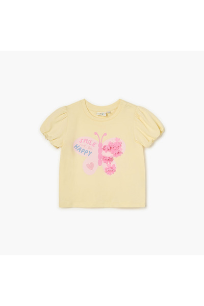 Juniors تي شيرت مزين بالزهور بأكمام قصيرة