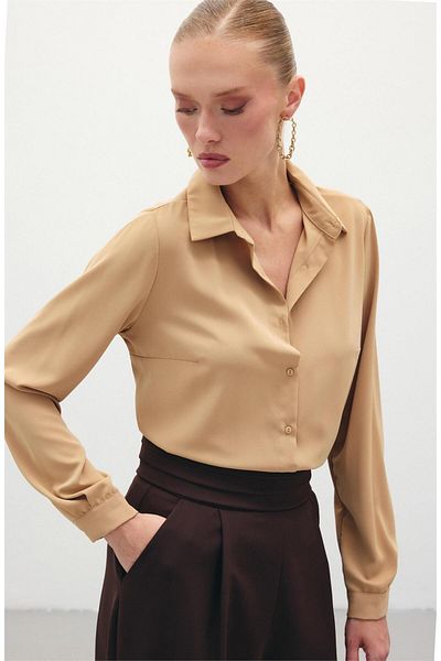 Sateen Plain Classic Shirt - Camel