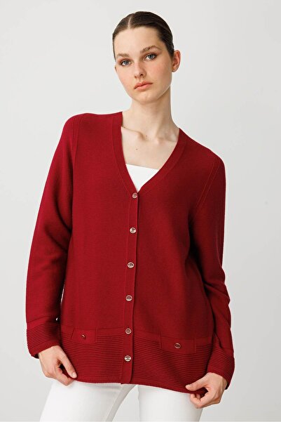 Desen Triko Women's V-Neck Buttoned Cardigan V.Rot