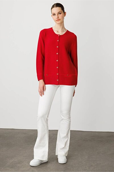 Desen Triko Women's Crew Neck Buttoned Cardigan K.Red