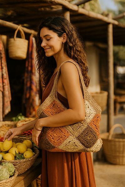 Luminos Butik Colorful Square Motif Hand Knitted Bag – Bohemian Style Summer Model