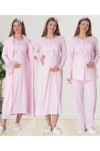 Mecit Pijama Women's Four Piece Long Sleeve Maternity Maternity Set 80% Cotton, 20% Viscose