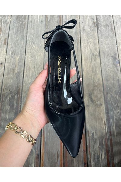 Afilli Women's Black Wedding Shiny Pointed Toe Stylish Bow Ribbon Bow Goblet Short Heels Evening Dress Shoes