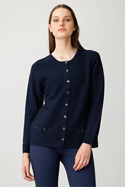 Desen Triko Women's Crew Neck Buttoned Cardigan K.Navy Blue