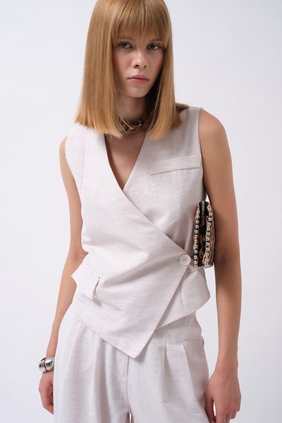 Black Fashion Side Button Asymmetrical Linen Gray Vest