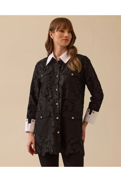 SCL Desenli Dantel Detaylı Düğmeli Gömlek