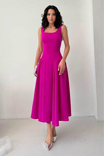 Serica Moda Fuşya Kare Yaka Gipeli Midi Elbise