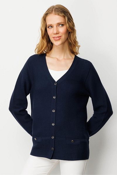 Desen Triko Women's V-Neck Buttoned Cardigan K.Navy Blue