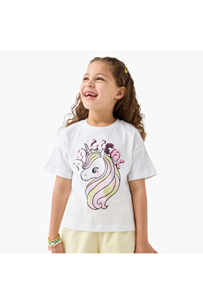 Juniors Unicorn Sequinned T-shirt with Short Sleeves and Crew Neck