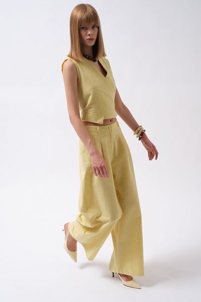 Black Fashion Pleated Wide Leg Linen Yellow Trousers