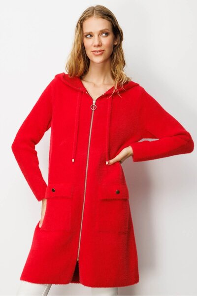 Desen Triko Women's Hooded Pocket Metal Button Aphrodite Knitwear Coat Y.Red