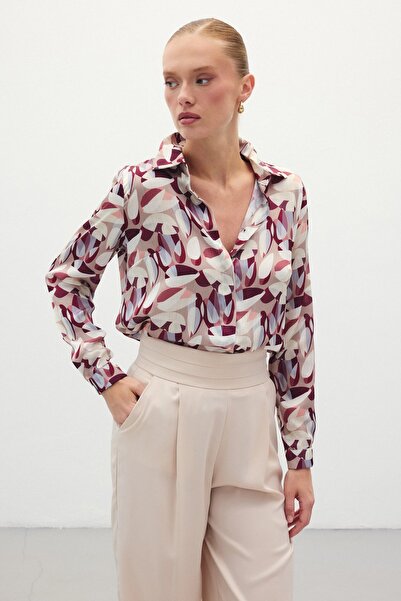 Sateen Desenli Uzun Gömlek - Bordo