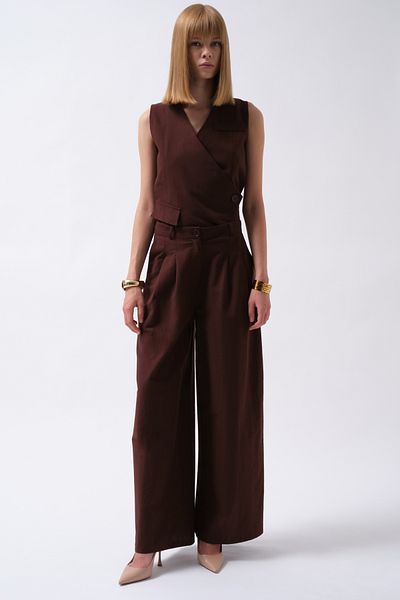 Black Fashion Pleated Wide Leg Linen Brown Trousers