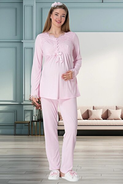 Mecit Pijama Women's Four Piece Long Sleeve Maternity Maternity Set 80% Cotton, 20% Viscose