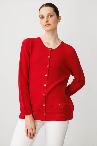 Desen Triko Women's Crew Neck Buttoned Cardigan K.Red