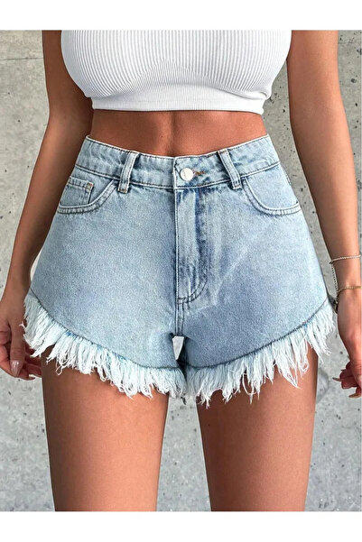 viking's line Kadın Buz Mavi Kot Şort Püsküllü