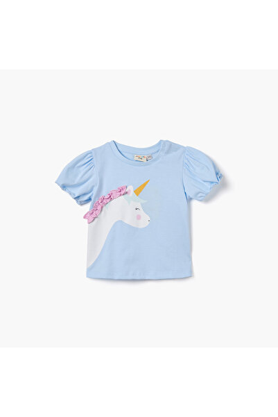 Juniors تي شيرت مزين برسومات يونيكورن وأكمام منفوخة