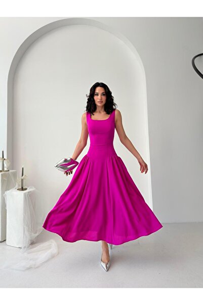 Serica Moda Fuşya Kare Yaka Gipeli Midi Elbise