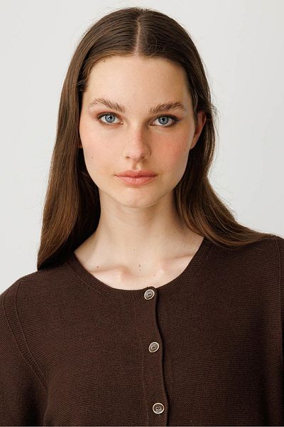 Desen Triko Women's Crew Neck Buttoned Cardigan Brown