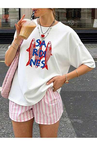 pandy Tricou oversize cu mânecă scurtă cu imprimeu sardine unisex