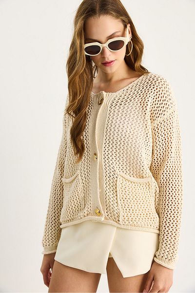 Bianco Lucci Women's Double Pocket Detailed Openwork Knitwear Cardigan 20251052