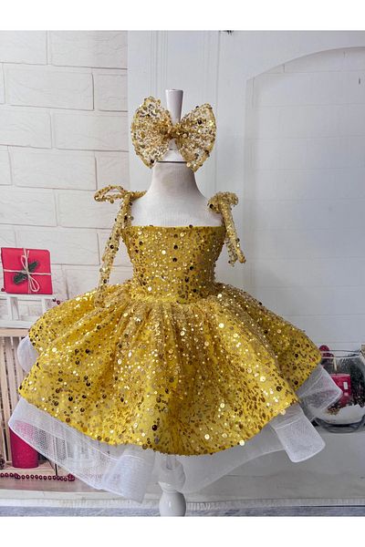 Nissa Golden Yellow Sequined Girl's Evening Dress
