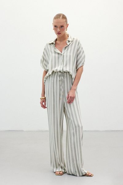 Sateen Striped Linen Blend Trousers - Khaki