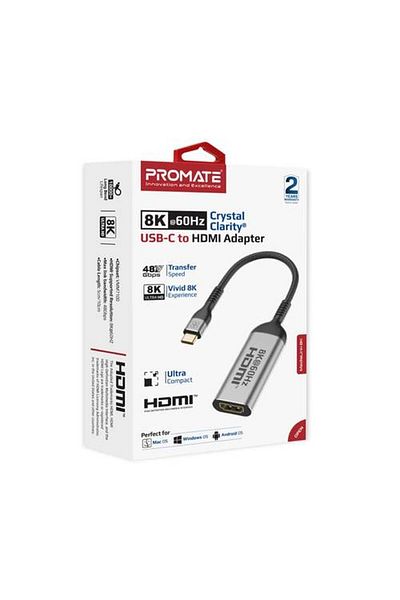 Promate Best 8K USB-C to HDMI Adapter, Compatible with iOS, Windows, and Android Systems with Easy Plug and Play