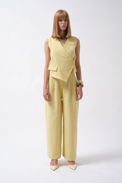 Black Fashion Side Button Asymmetrical Linen Yellow Vest