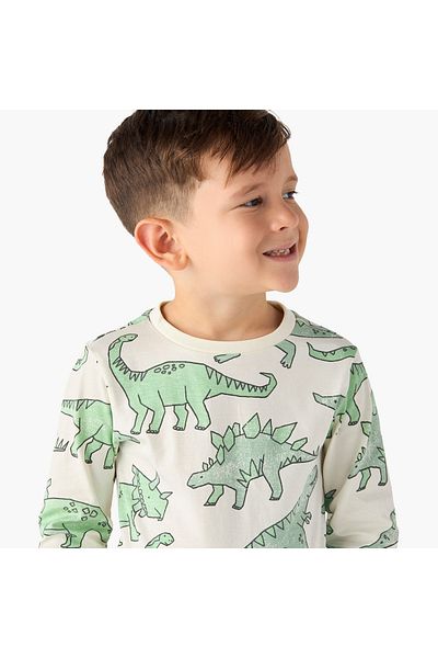 Juniors All-Over Dino Print Crew Neck T-shirt with Long Sleeves