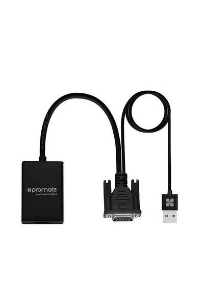 Promate 1080P VGA to HDMI Display Adapter, Includes Built-in USB Cable for Audio and Power