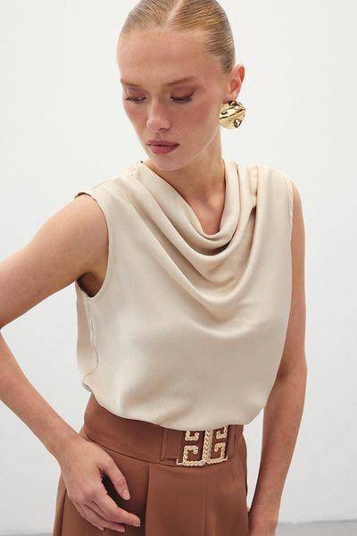 Sateen Flounce Collar Satin Blouse - Beige