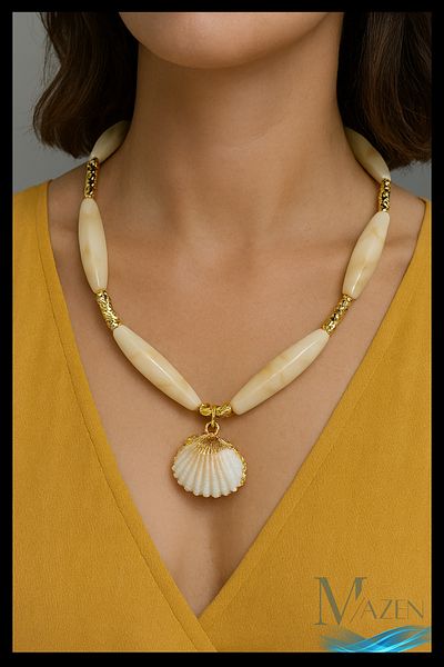 MAZEN Cream Oval Beaded Necklace with Seashell End |   Summer Design with Gold Detail