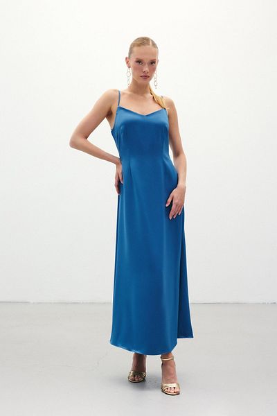 Sateen Long Satin Dress with Straps - Sax Blue