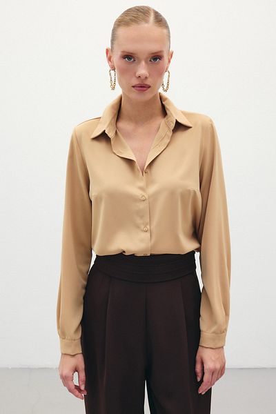 Sateen Plain Classic Shirt - Camel