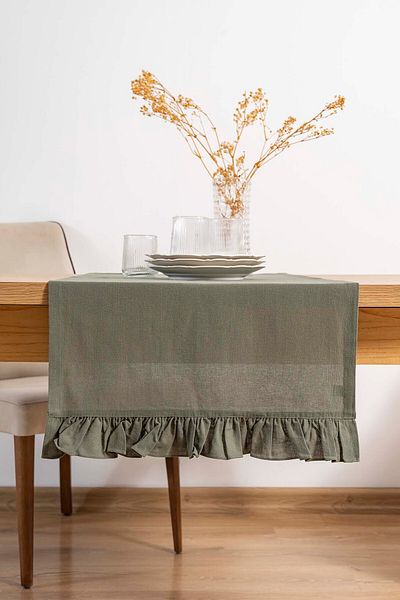 Rivaİstanbul Ruffle Khaki Frilly 100% βαμβακερό ακατέργαστο λινό Runner 50x130 cm