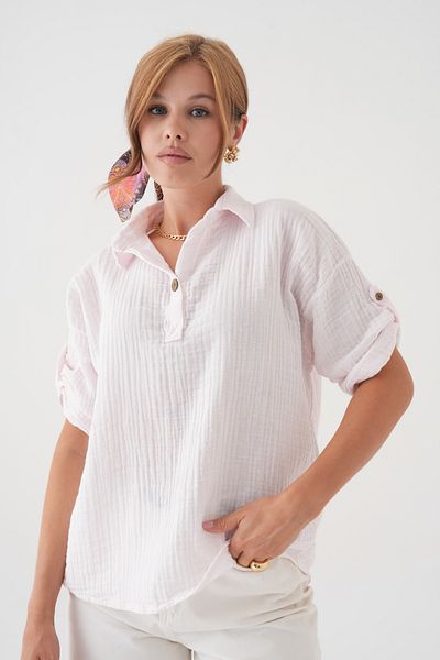 QAWWA Cămașă de muselină pentru femei și cămașă oversize cu jumătate de mânecă cu rever